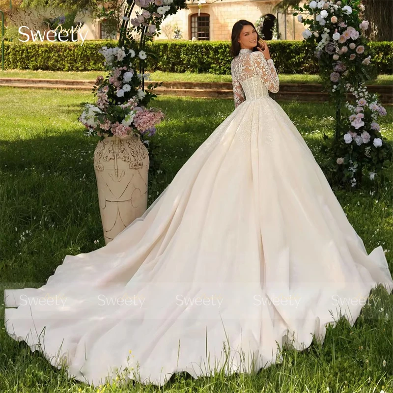 High Quality Wedding Dress Organza With Embroidery Bead Ball Gown Full Sleeve High-Neck Bride Dress Customized Robe De Mariee
