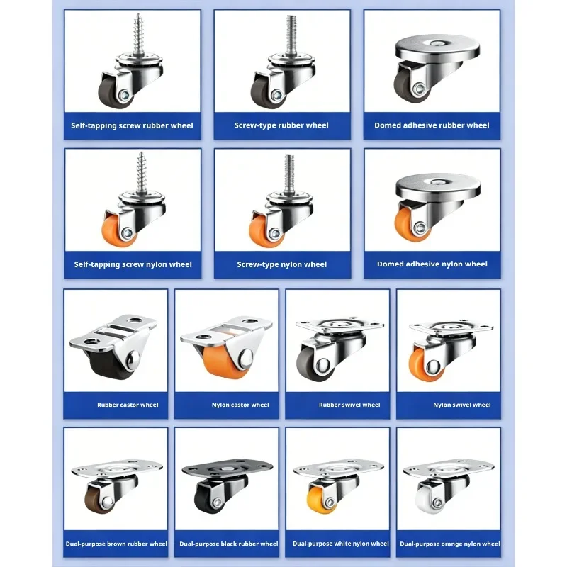 8 Pcs/Lot Caster Mute M4 Self-Tapping Universal Wheel Screw Screw Self-Adhesive Furniture Pulley 0.5'' Mini Small Steering