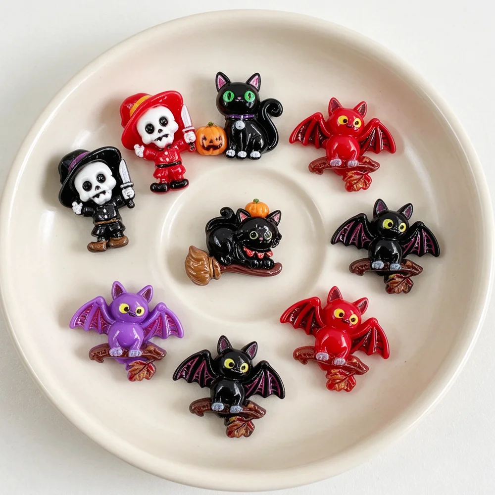 10Pcs Cute Resin Cartoon Halloween Bat, Skull, Black Cat for Scrapbooking, Wedding Decor & DIY Jewelry Making Accessories