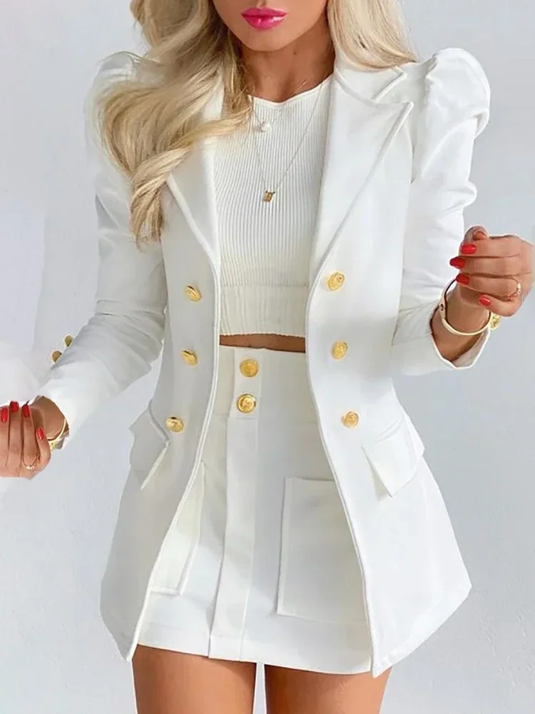 Lente Lange Mouw Effen Kleur Jas Met Minirok Tweedelig Pak Tailleur Femme Blazer En Set Jurk