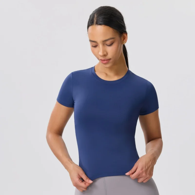 Solid Color Slim Casual Yoga T-Shirt Gym Sports Running Shirts for Woman Fitness Training Breathable Naked Feel Top