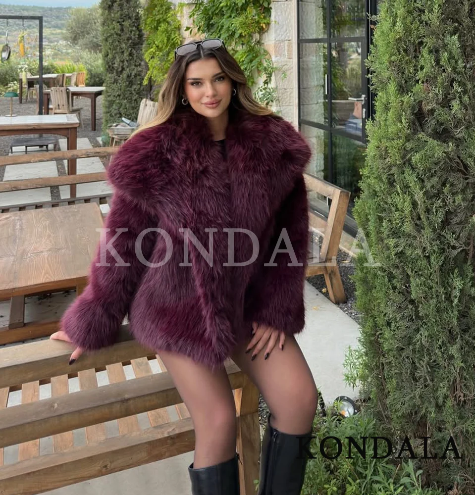 KONDALA Elegant Burgundy Red Fur Coat Women Lapel Faux Fur Loose Coat 2025 Fall Winter Fashion Streetwear Coat Dinner Party Coat