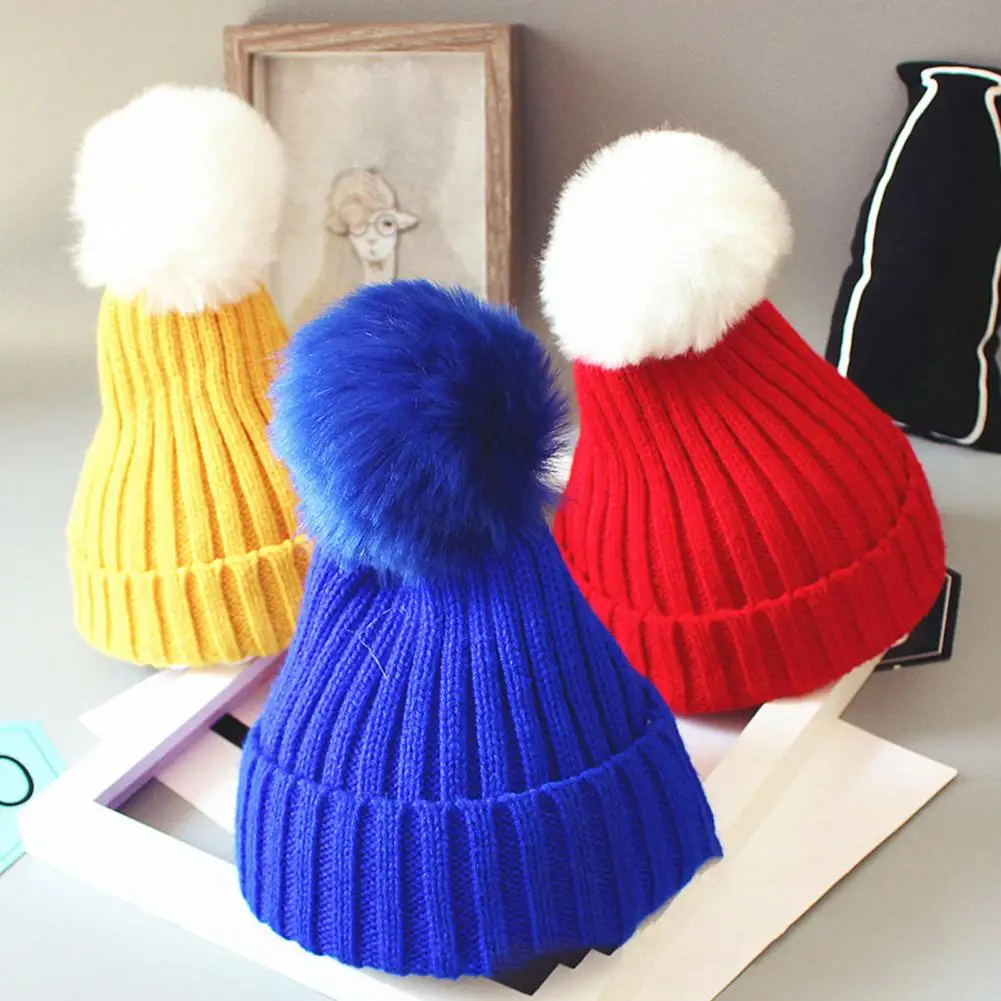 Winter Children Hat Unisex Knitted Hat Stretchable Faux Fur Ball Decor Beanies Warm Daily Wear Cap Outdoor Headwear For 4-8Y