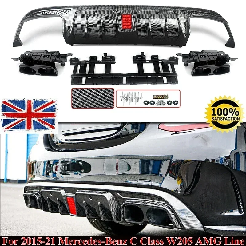 C63/ C63S/C43 4 Door Sedan Rear Diffuser With Exhaust Endtips For Mercedes Benz C class W205 2015-2021 Carbon Look