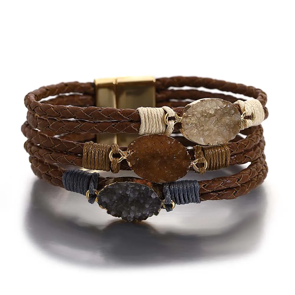 ALLYES Vintage Natural Stones Leather Bracelet for Women Men Boho Handmade Braided Multilayer Winding Wrap Bracelets Jewelry