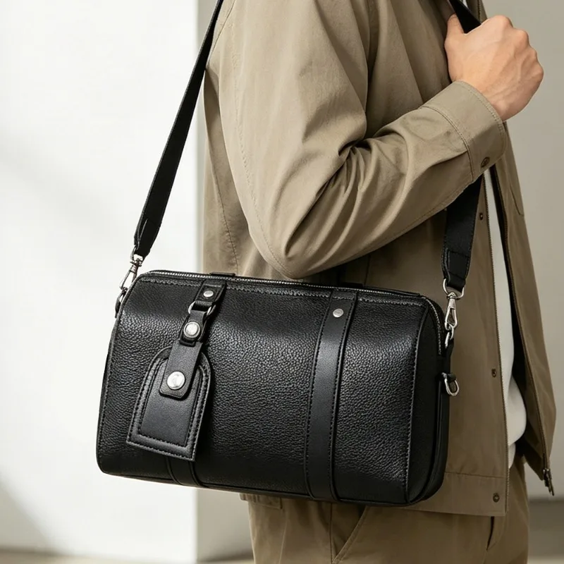 Fashion Pillow Crossbody Bag Men Barrel-Shaped Shoulder Bag Luxury Leather Crossbody Bags for Men Large Capacity Sling Pack Male