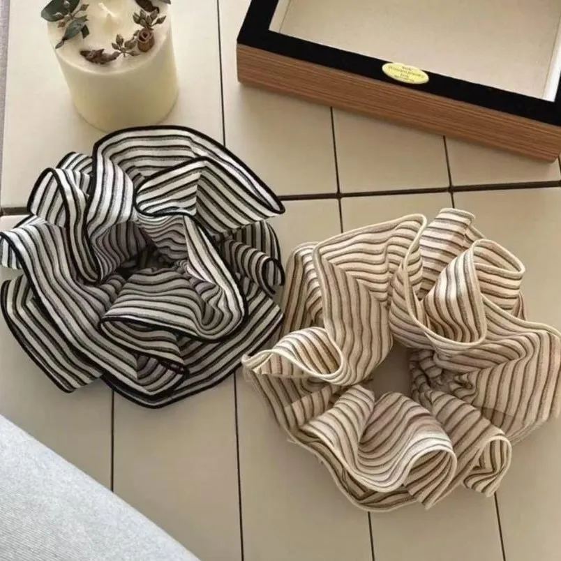 Korean style retro striped fabric large intestine hair band high-end ponytail flower ball head ponytail