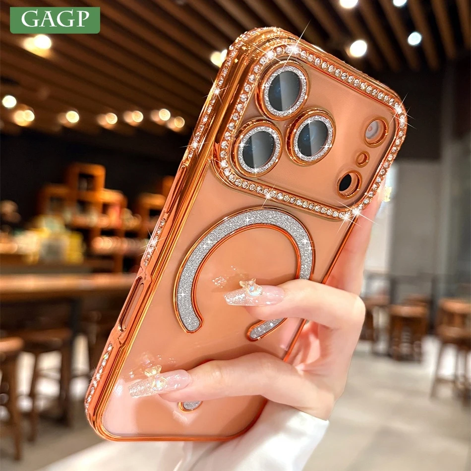 حافظة نسائية لامعة ماسية Magsafe لهاتف آيفون 17 Air 16 15 14 Plus 12 13 17 Pro Max غطاء شاحن لاسلكي ناعم من مادة البولي يوريثان الحراري