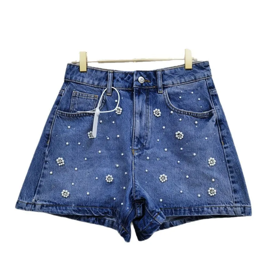 

Washed Denim Versatile Wide-leg Shorts Pearl Rhinestone Decoration 2025 Spring and Summer New Style Jean Shorts Women Pants