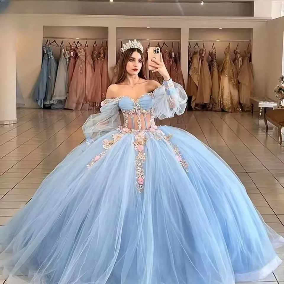 Céu azul quinceanera vestido de manga longa rendas miçangas vestido de baile noiva robe querida pescoço vestido personalizado vestidos de novia