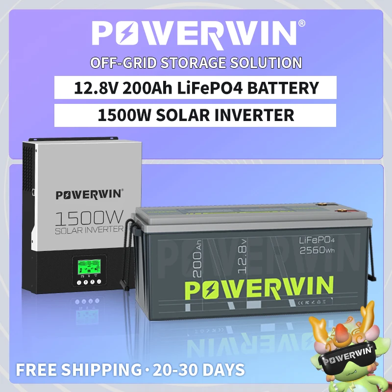 

POWERWIN BT200 LifePO4 12 В 200 Ач/2560 Втч HI1500 12 В аккумулятор гибридный солнечный инвертор 1500 Вт 12 В чистая синусоида 80 А MPPT автономный ЖК-дисплей