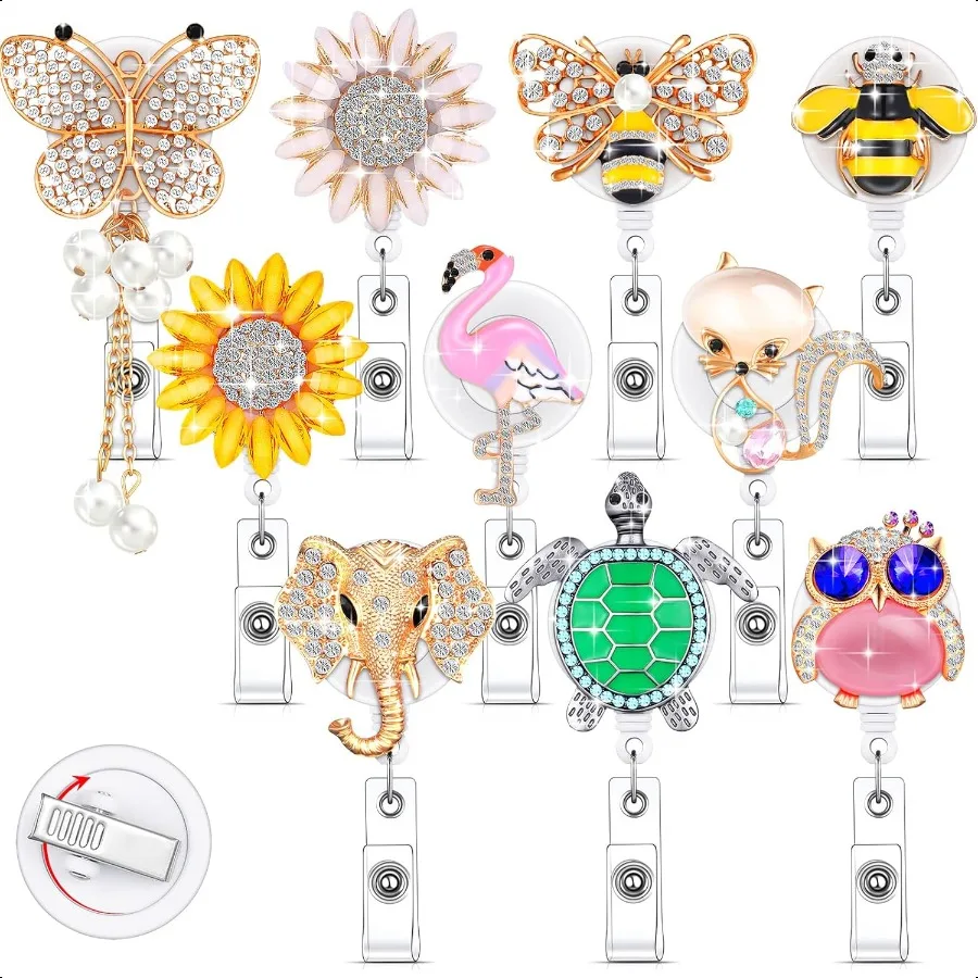 

10 Pcs Badge Holder Retractable Butterfly Animal Style Bling Rhinestone Badge Reels with Clip for ID Name Card Teacher Office