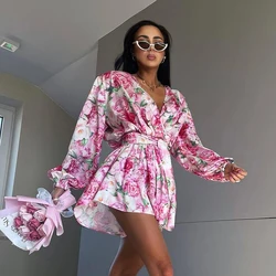 Autumn Summer Printed Wide Leg Playsuit For Women Chiffon Lace Long Sleeve Jumpsuit V Neck  Romper Female Outfit Streetwear