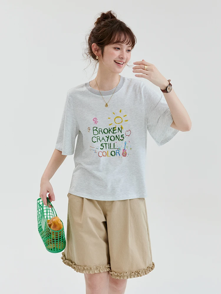 AMUU Original Anti-Aging Letter Print Bell Sleeve T-Shirt Women's Summer New Hollow out round Neck Top Korean Style Cotton Blend