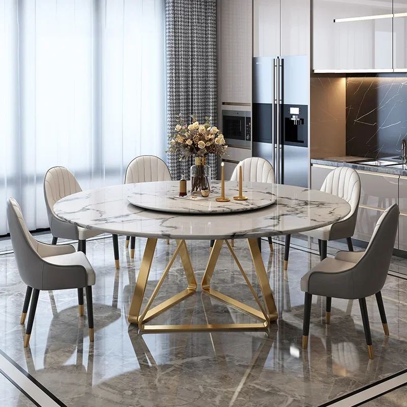 

Gorgeous Golden Dining Table Turntable Leisure Round Marble Kitchen Table Chair Villa High-End Italian Mesa De Jantar Furniture