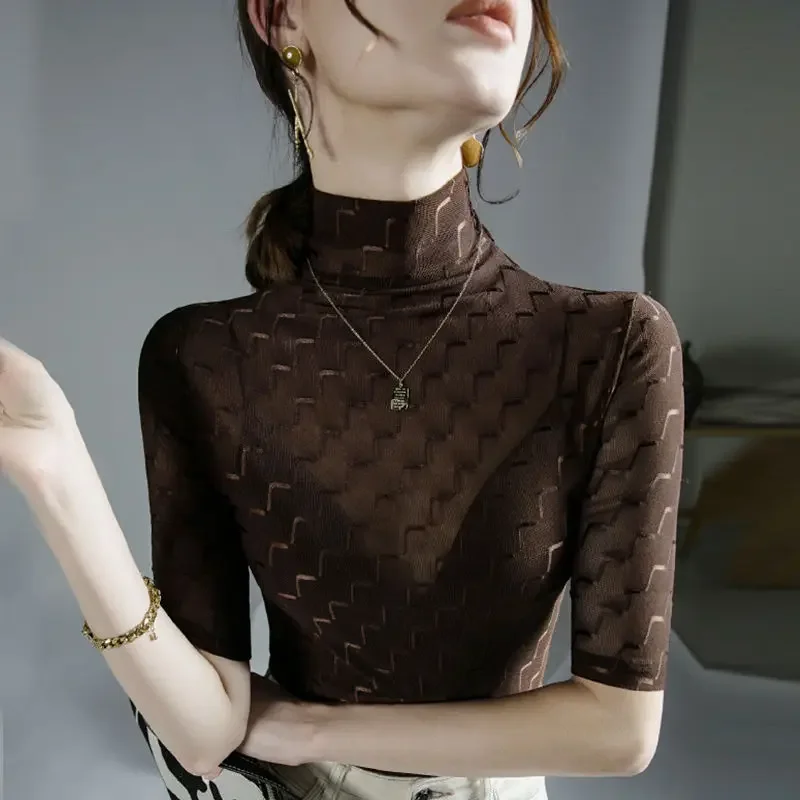 Five-point Sleeve Mesh T-shirt Summer Clothes for Women New Thin Top Half Turtle Collar Bottom Tops