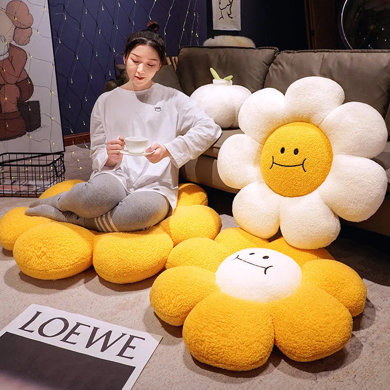 Soft White Daisy Flower Pillow Stuffed Smile Face Sunflower Chair Cushion Office Sofa Decor Sleeping Pillow for Her Unique Gift