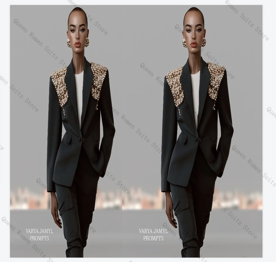 Conjunto de terno feminino de pérolas de luxo, 2 peças, blazer + calças retas, algodão, formal, escritório, jaqueta, casamento, baile, personalizado