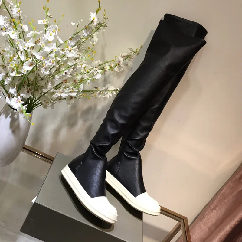 

Черные эластичные сапоги выше колена без шнуровки на толстой подошве, женская зима 2026, модная женская обувь с круглым носком и внутренним увеличением