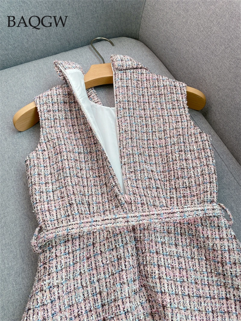 2025 Autumn Winter New Lapel Tweed Sleeveless Women Mini Vest Dress  Patchwork Pleated Chiffon Dress Belt Rhinestone Fashion - AliExpress  200000345