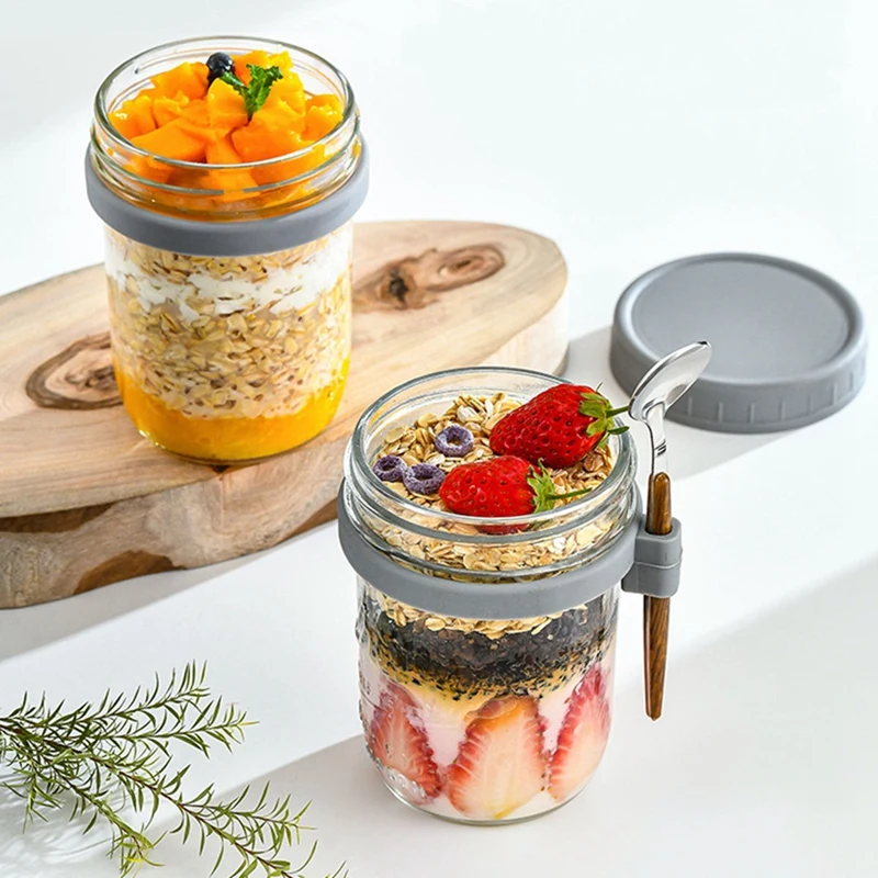 4Pack Overnight Oats Jar Glass With Lids And Spoons, Reusable Glass Overnight Oats Container With Measurement Marks