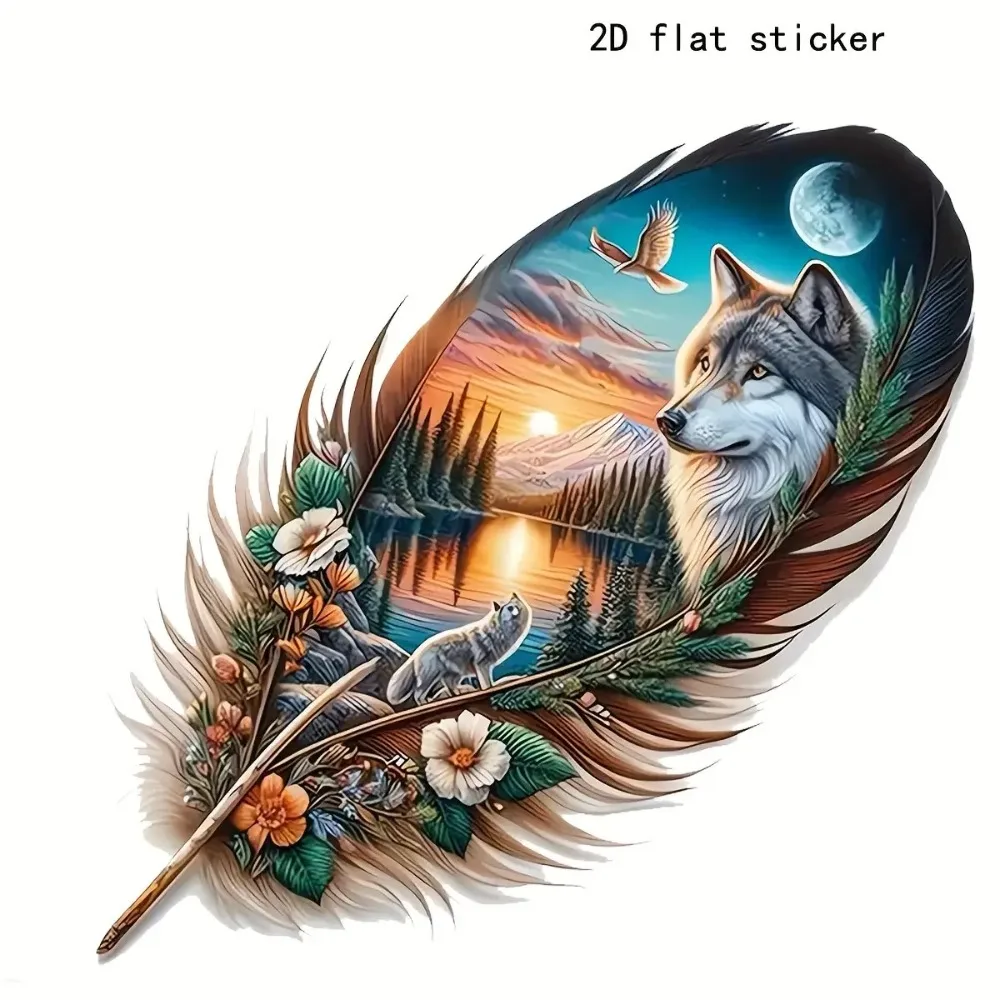 

Wolf And Feather Vinyl Stickers Glossy Self Adhesive Decorative Depicting a Howling Scene by The Moonlit Lake Irregular