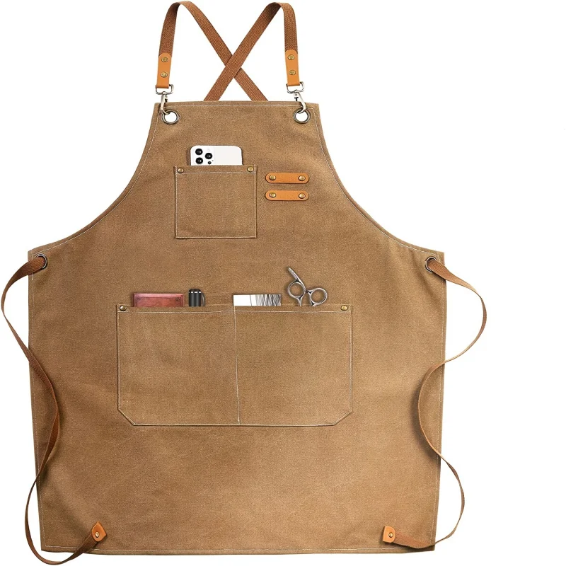 Cross-Back Canvas Apron - 3 Pockets, Adjustable Elasticity, for Outdoor Barbecue/Outdoor Work/Art Painting/Gardening