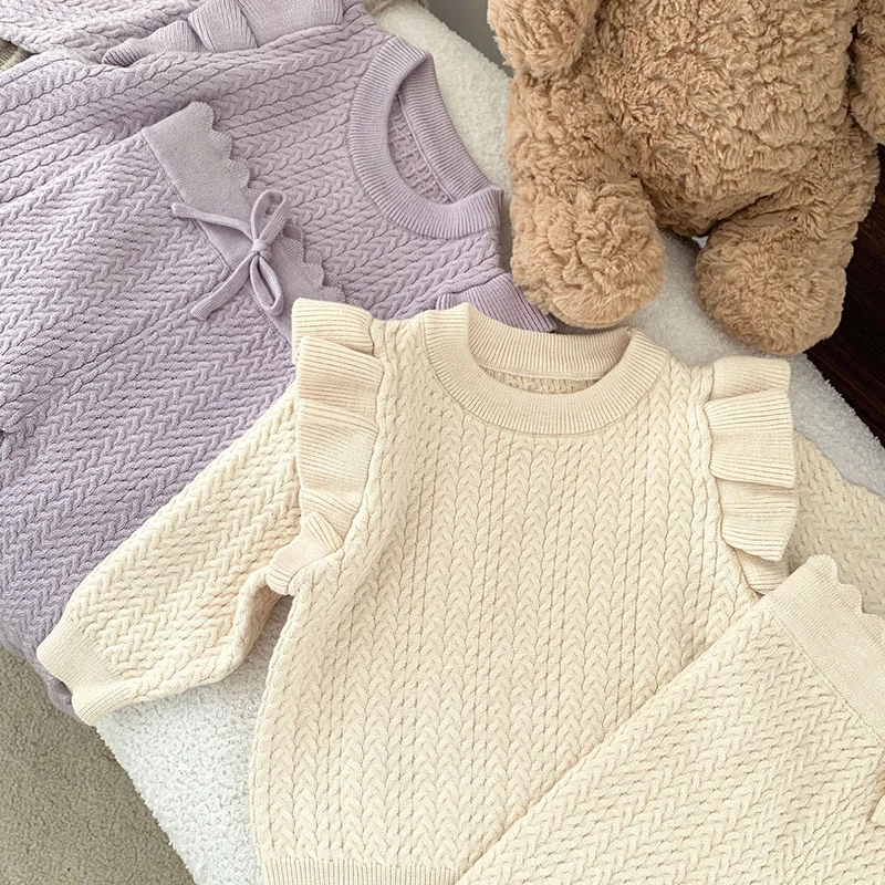 2024 New Autumn Children Clothes Set Long Sleeved Solid Color Knitted Pullover+Pants Toddler Baby Girl Knitted Clothes Suit