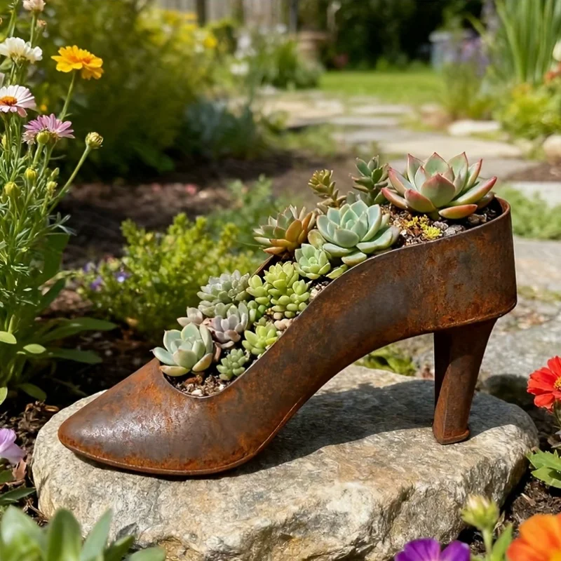 Pot de fleurs ovale lumineux en forme de chaussures à talons hauts rouillées, pour plantes vertes, décoration de bureau, de jardin, de terrasse, intérieur et extérieur