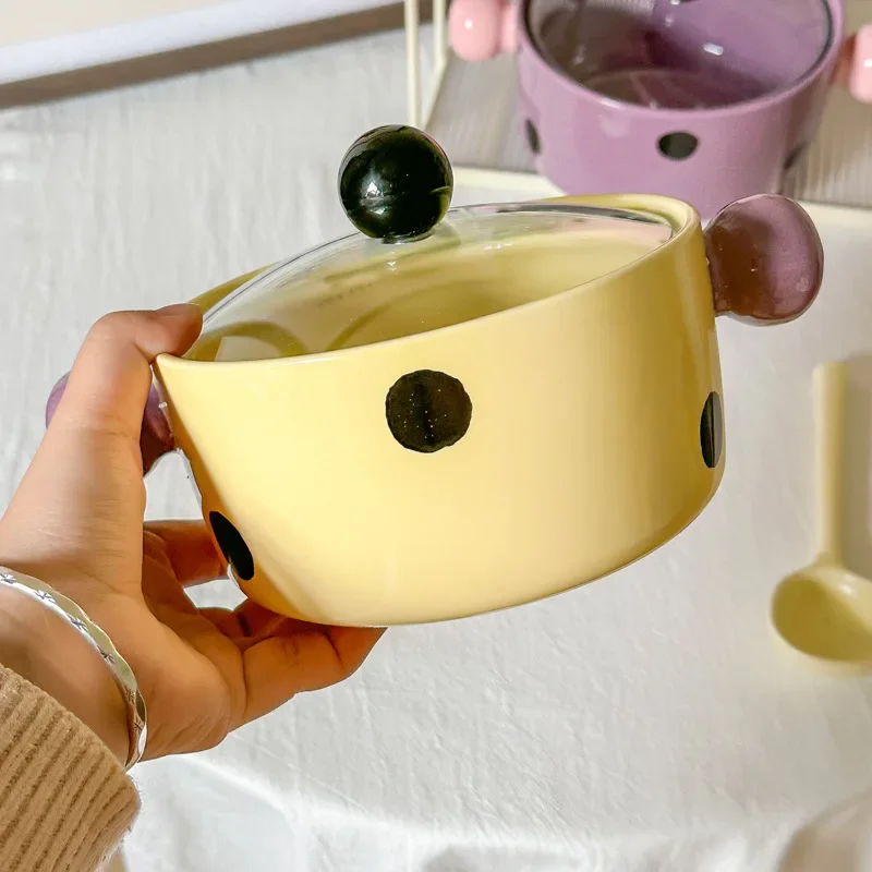Korean Style Ceramic Noodle Bowl with Lid, Cute Wave Point Anti-scald Soup Bowl, Microwave Safe Tableware for Kitchen Daily Use