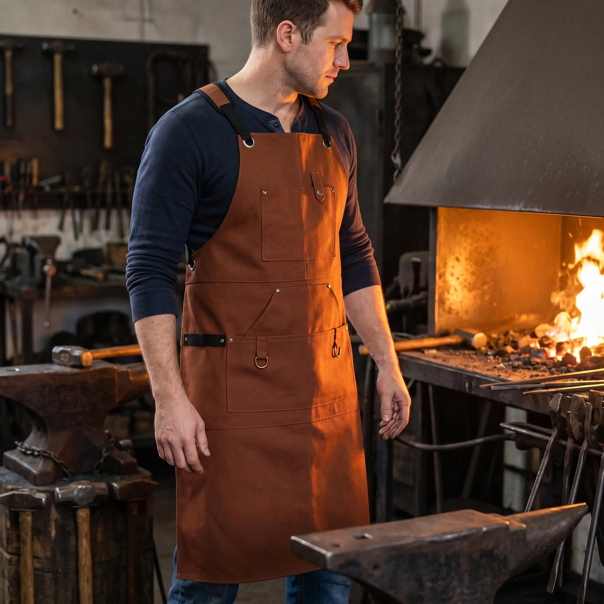 

Heat Resistant Welding Apron Flame Retardant Cross Back Safety Gear Wide Padded Shoulder Strap Tool Organizer Pockets Full