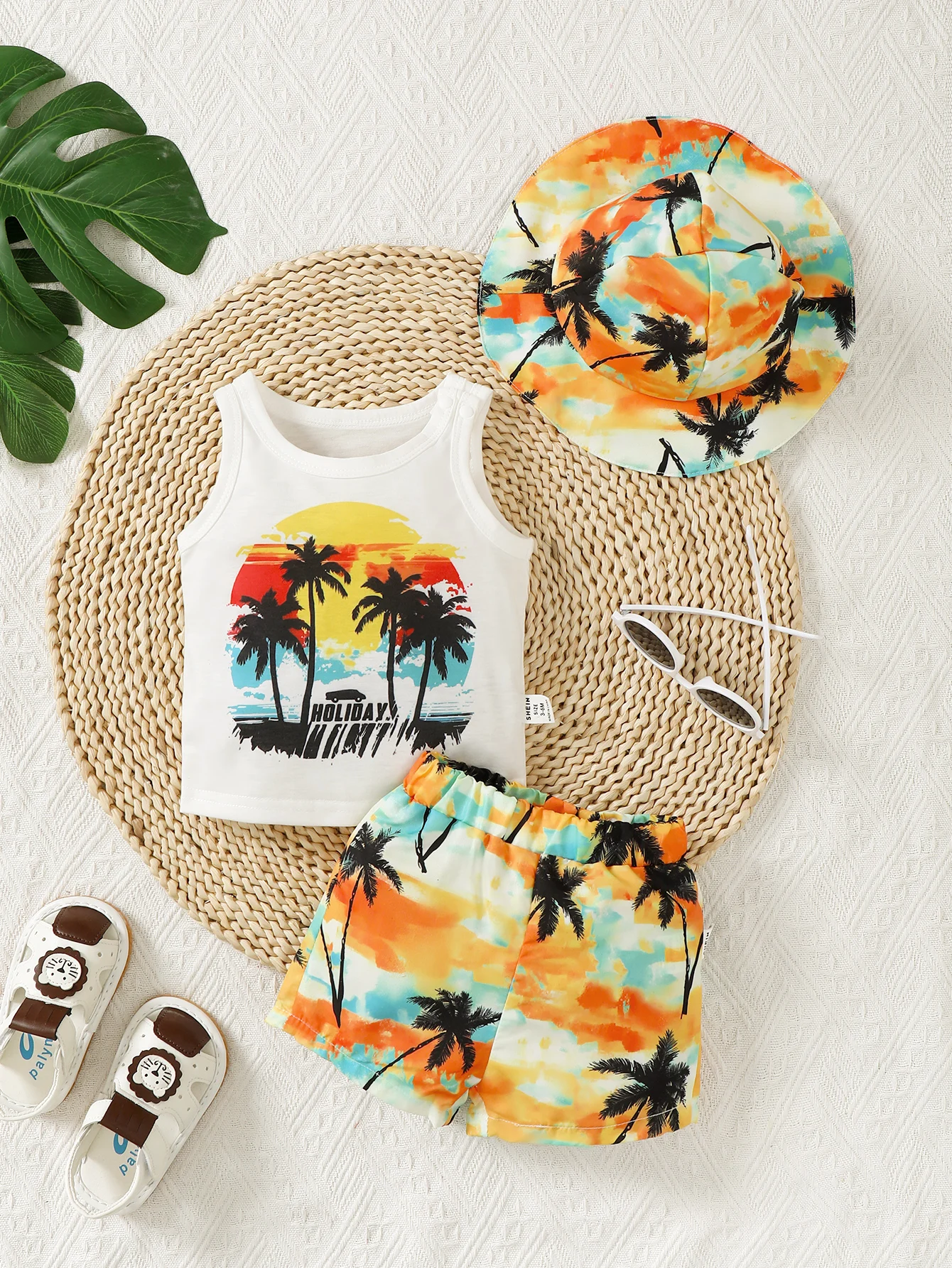 Casual Look For Baby Boys Summer Coconut Print Sleeveless Vest Dyed Hat Elasticated Waist Casual Pants Beach Chic