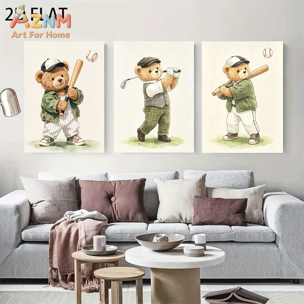 AZNM Frameless Canvas Wall Art, Watercolor Sport Teddy Bear Baseball Golf Print, Cute Cartoon Animal Sports Art Wall Decor for R