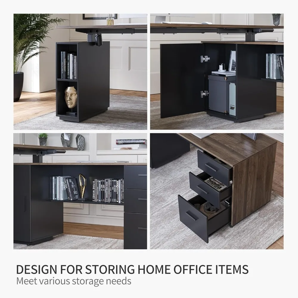 مكتب قائم تنفيذي على شكل حرف L مقاس 63 بوصة مع خزانة ملفات، ارتفاع كهربائي قابل للتعديل #5