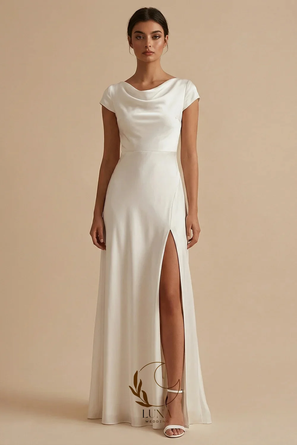 Luna White Long Sheath Cowl Neck Engagement Dress with Slit Floor-Length Bridal Party Dresses Customized Lady Simple Gown
