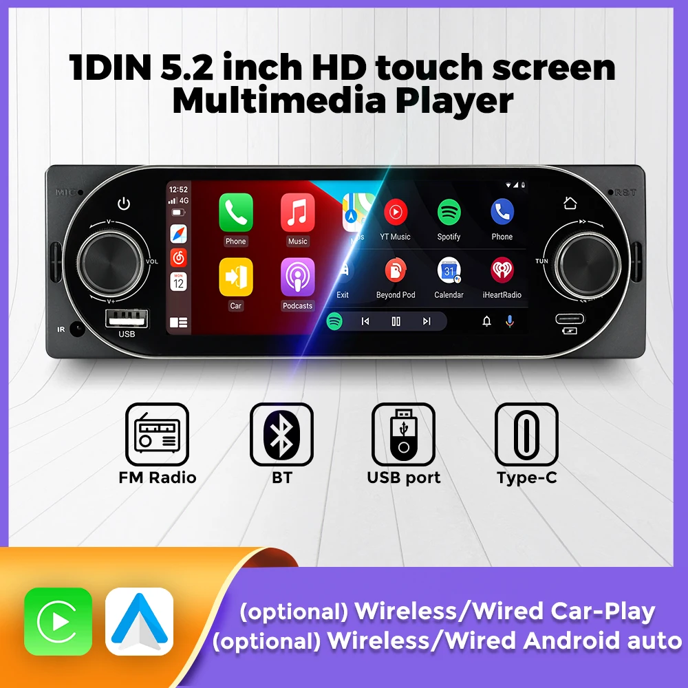 

MEKEDE 1din 5,2 "HD автомобильный радиоэкран проводной беспроводной Android Auto CarPlay автомобильный Mp5-плеер BT USB FM автомобильный мультимедийный видеоплеер