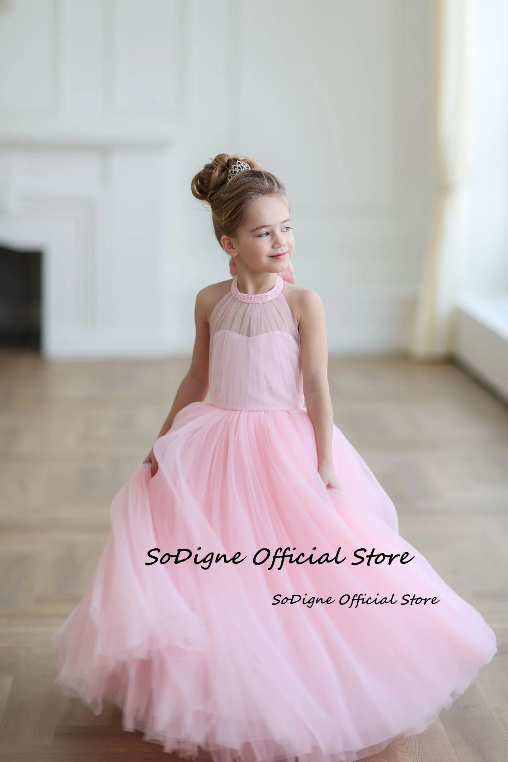 SoDigne-vestido acampanado de tul con flores para niña, falda sin mangas con cuello Halter, vestidos de fiesta para niña, vestido de princesa para niño personalizado