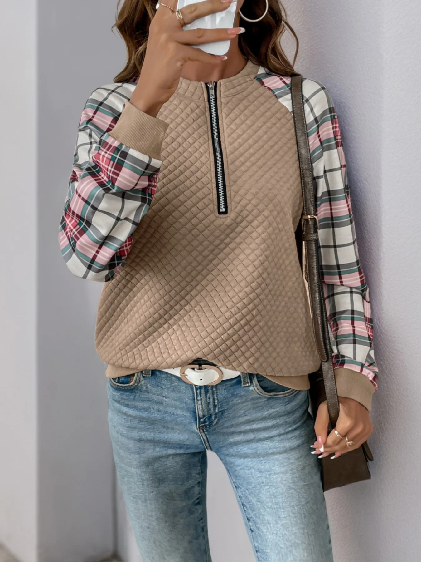 Plaid Patchwork Sweatshirt Loose Fit Literary Retro with Regular Length Autumn Striped Standard Thickness Crew Neck Women Hoodie