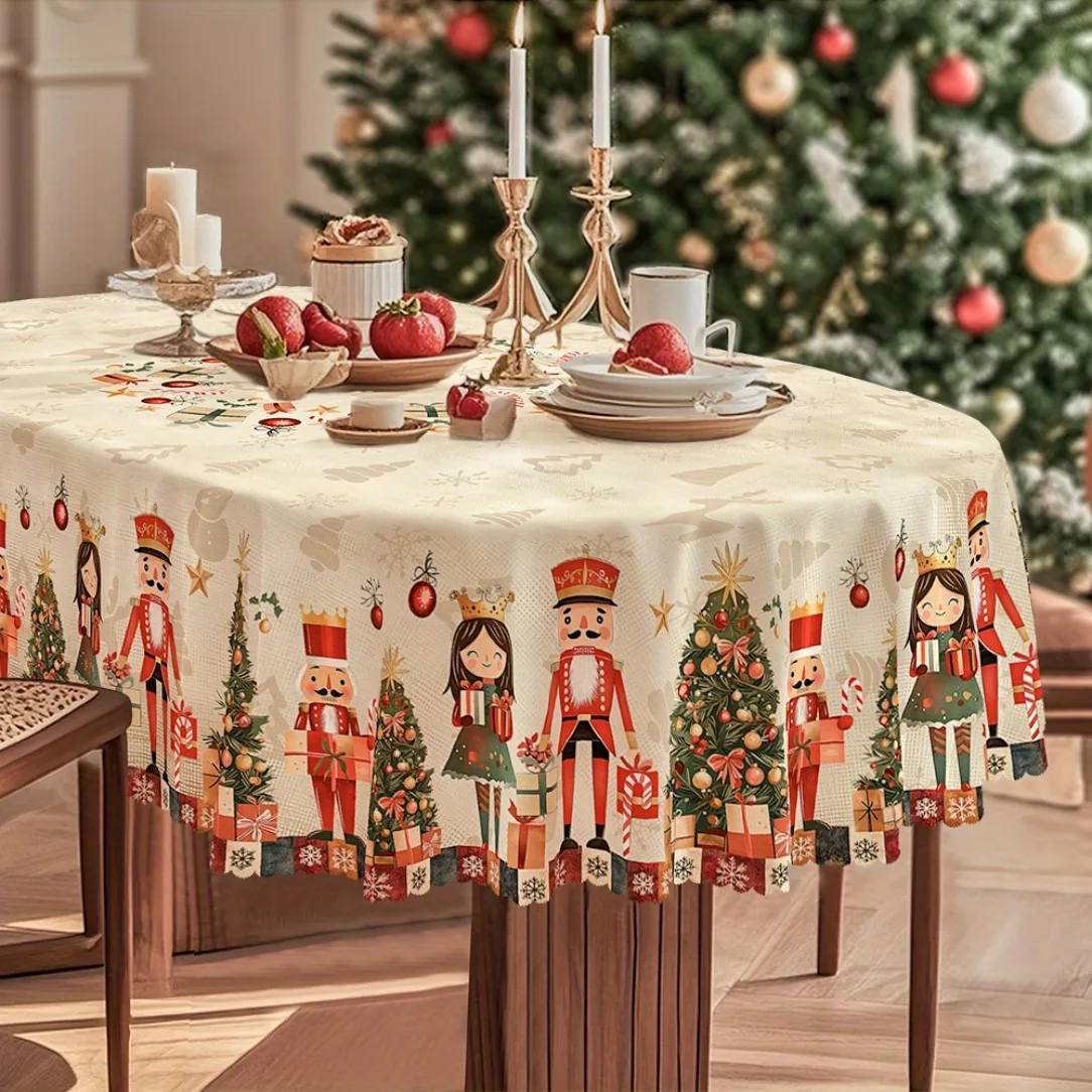 1PC Tablecover, Christmas, Winter Ice Tablecloth, Beige Decoration, Nutcracker with Christmas Tree with Girl Pattern, Vintage