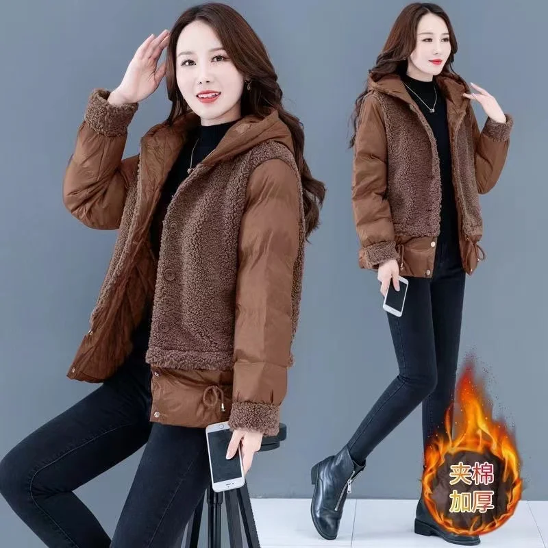 

Loose Lamb Wool Jackets Women Autumn Winter Coat 2024 Casaco Feminino Thick Fashion Hooded Outerwear Female Down Cotton Jacket