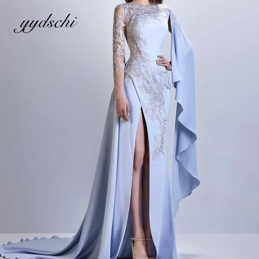 

Изысканное вечернее платье с высоким разрезом и шлейфом, светло-голубое кружевное атласное вечернее платье с аппликацией и вышивкой, тонкие платья для выпускного вечера для женщин 2025