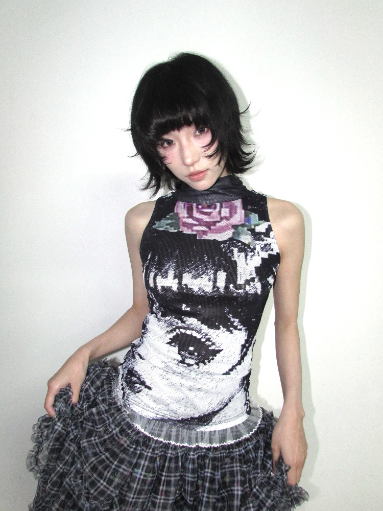 

Original Cartoon Bla White Summer Vest OurHappy Double Layer Me Collar Middle Loose Fit Polyester Spandex Blend Regular L...