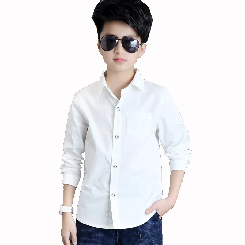 Kids Clothing Spring 2021 Long Sleeve Boys Shirts Fashion Cotton Solid White Shirt Children Turn-down Collar Button Tops 8 12y