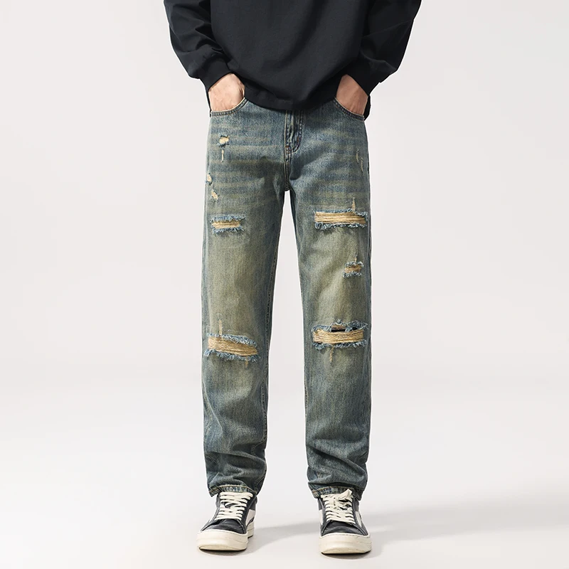 

Осенние мужские американские винтажные синие джинсы 2024, потертые джинсовые брюки свободного кроя с лоскутным шитьем, всесезонная уличная одежда, большие размеры 40
