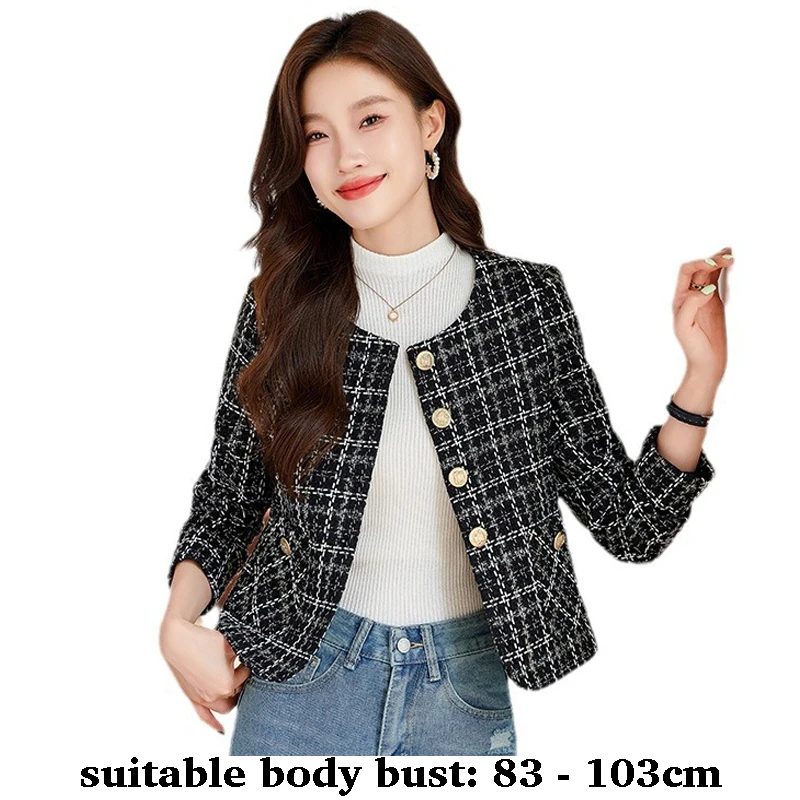 

High quality short plaid woolen blazer for women single breasted autumn winter elegant fashion office lady clothes black white