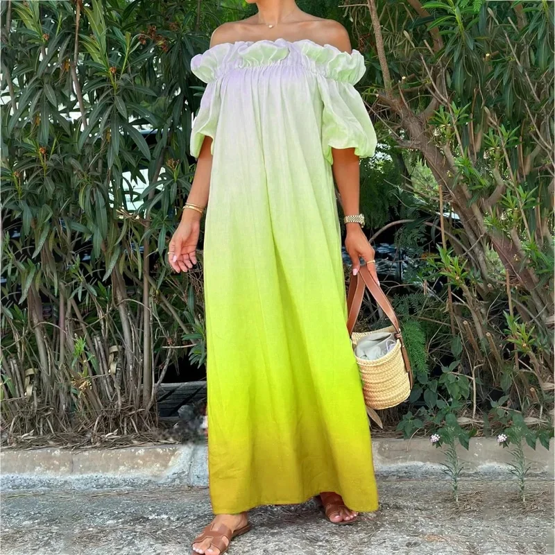 2026 Loose Patchwork Ladies Dress Slash Neck Fashion Gradient Simple Maxi Dress Women Summer Puff Sleeve Elegant Party Dress