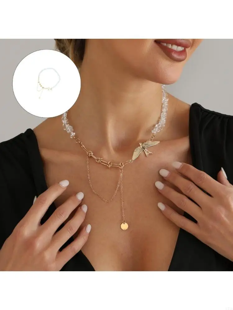  Elegant Swallow Pendant Necklace With Irregular Gravel For Women Fashion Jewelry