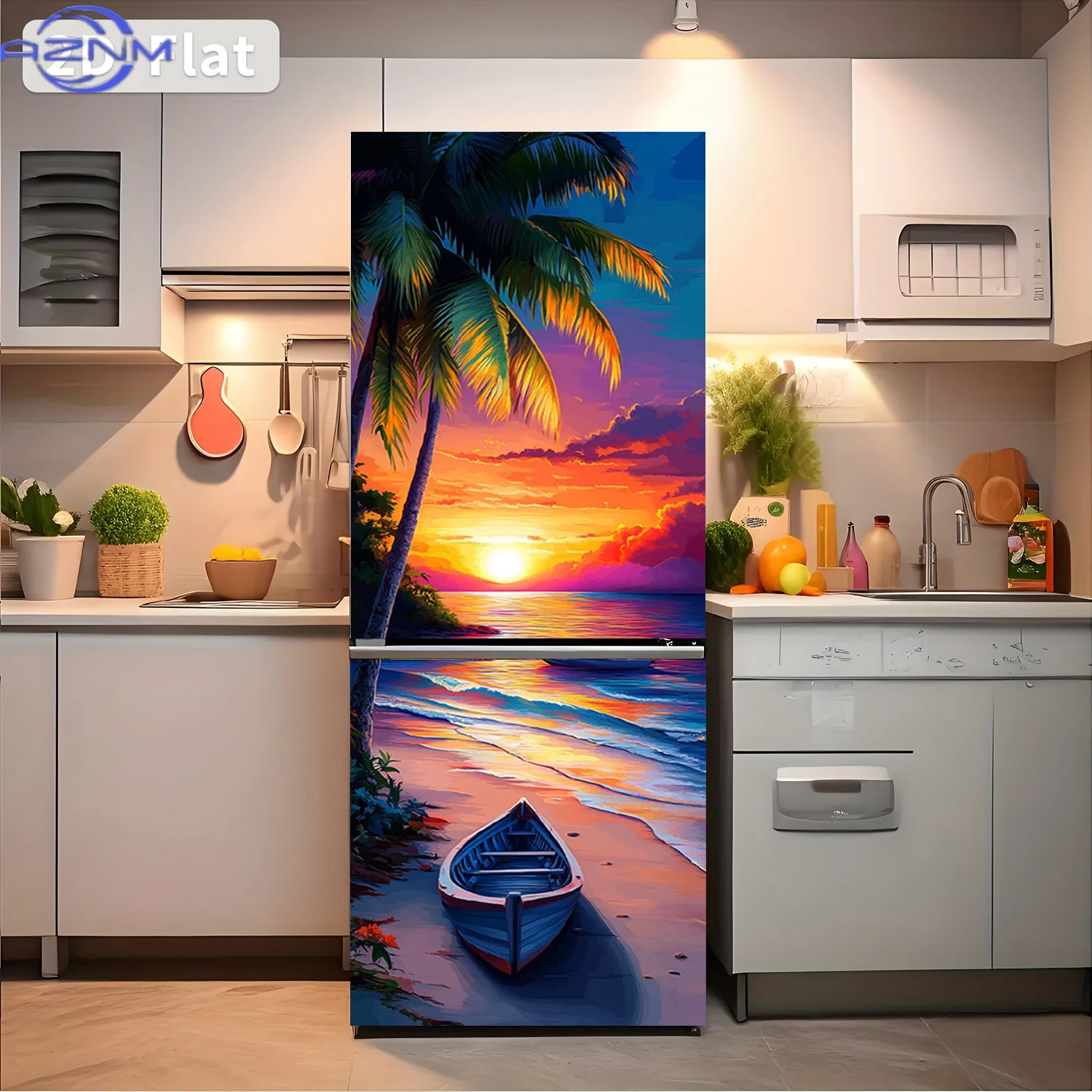 2D Flat Printing 1pc Refrigerator Sticker  Beach Sunset Scenery Theme Design Wall Sticker Decorative Wallpaper Self-Adhesive S