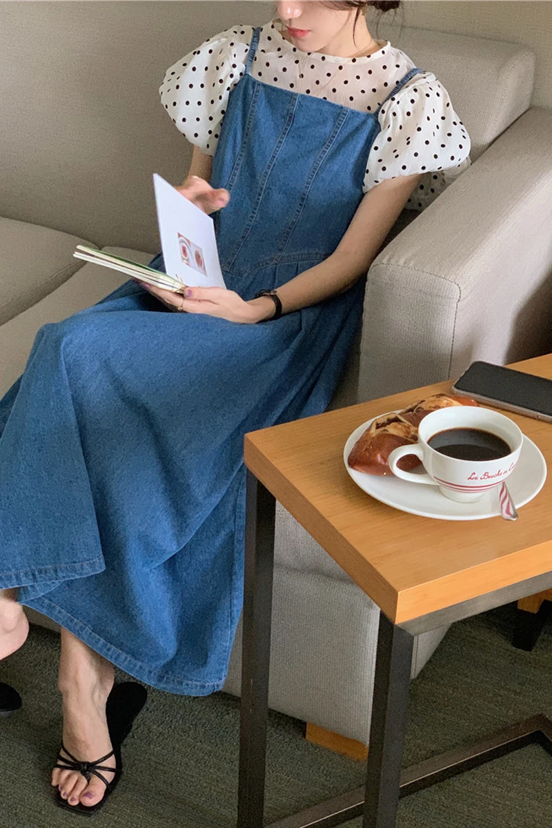 Schickes Polka Dot Ort Sve Damen-Set für den Sommer 2023, Bubble Sve-Top mit Jeansrock, modisches Freizeit-Outfit