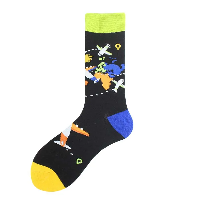 Happy Funny Unisex Painting UFO Astronaut Outer Space Rocket Men Crew Socks Male Boys Streetwear Cotton Causal Skateboard Sox